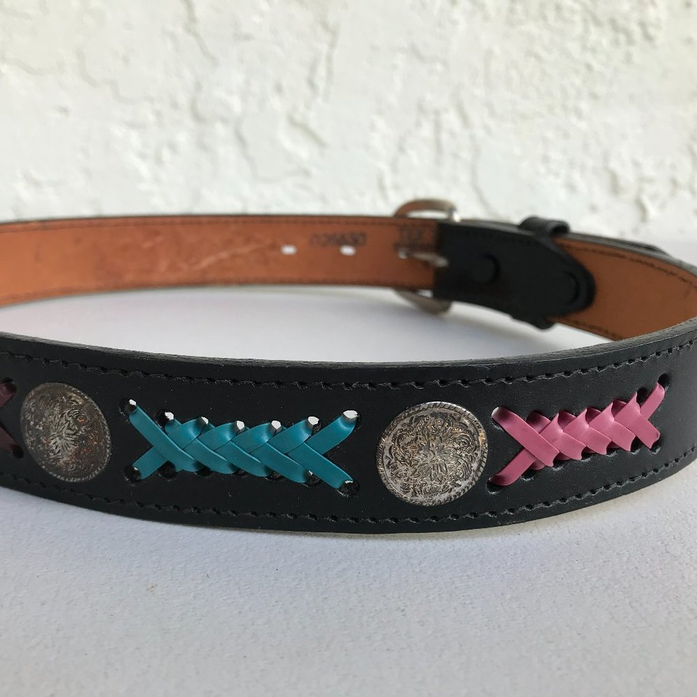 TEX TAN Belt Black Leather Colorful Woven Braid Removable Buckle Women 28